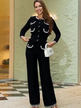 Black White Contrast Knit Cardigan Wide Leg Pants 2 Piece Set Chic